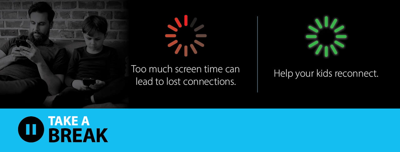 Red loading symbol. Green connection symbol. Pause symbol saying TAKE A BREAK.
