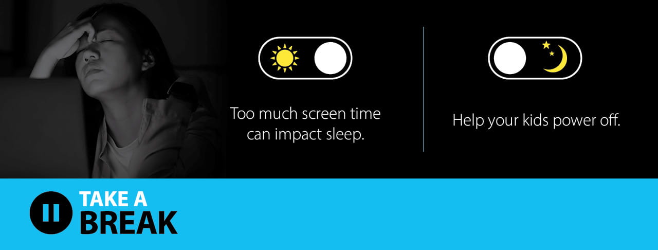 White and yellow switch symbol with a sun on the left side. White and yellow switch symbol with a moon and stars on the right side. Pause symbol saying TAKE A BREAK.