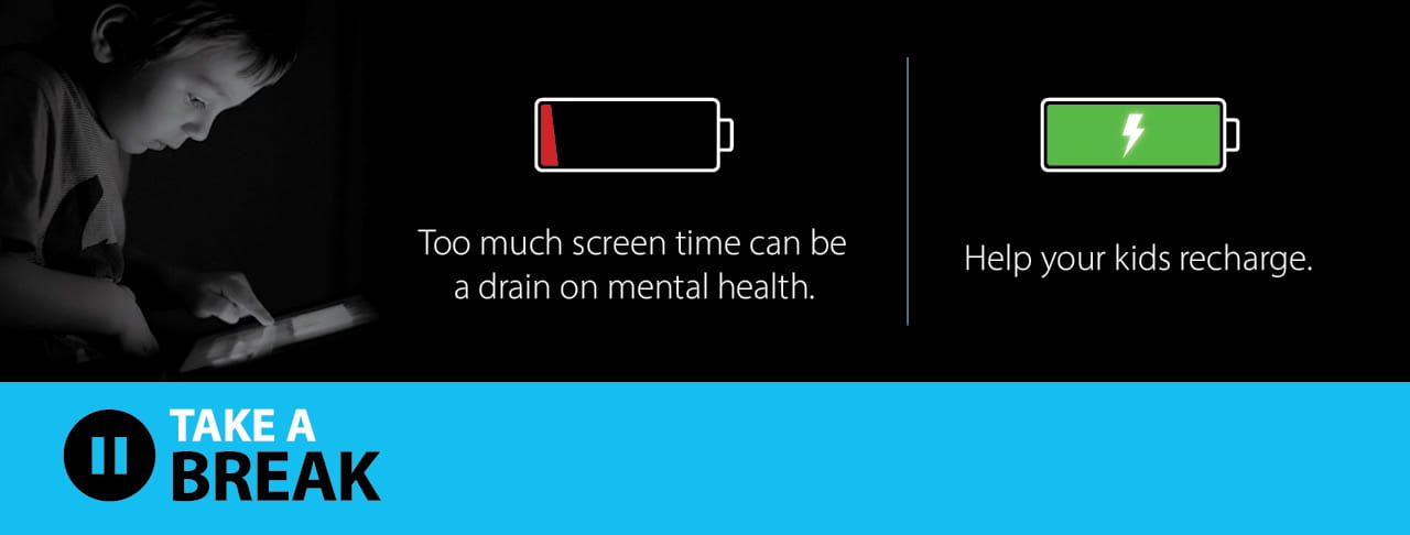 Dead battery symbol. Green fully charged battery symbol. Pause symbol saying TAKE A BREAK.
