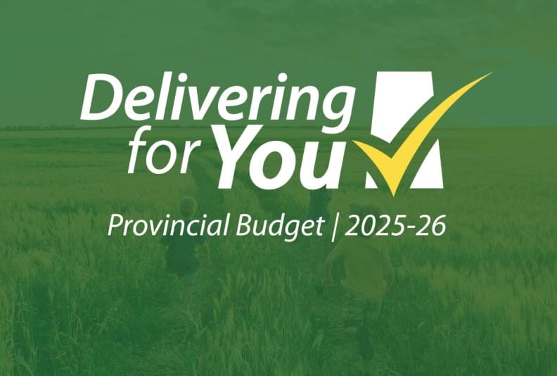Delivering for You. Provincial Budget 2025-26 wordmark and text on a green background