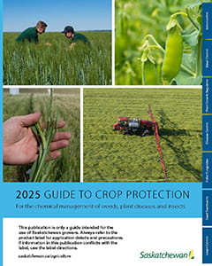 2025 Guide to Crop Protection cover featuring specialists, a pea, wheat and a sprayer in a field