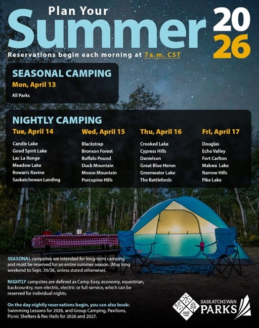 Poster for Saskatchewan Parks? 2026 camping reservations with dates for seasonal and nightly camping. Background shows a glowing tent and picnic table under a starry night sky.