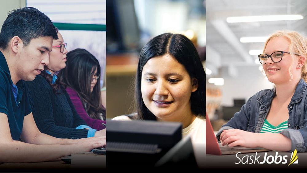 Three images of students at desks looking at computers