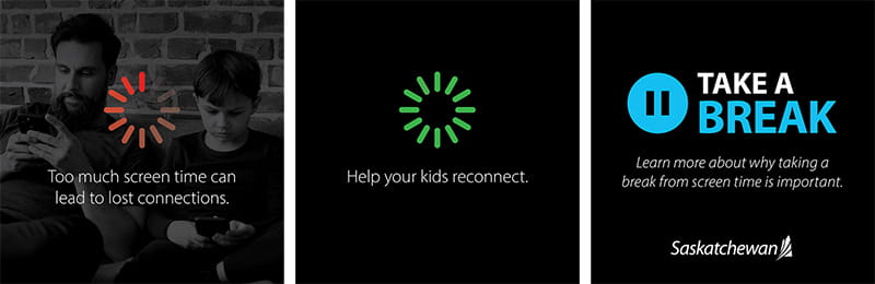 Red loading symbol. Green connection symbol. Pause symbol saying TAKE A BREAK.