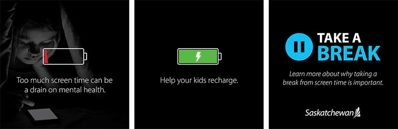 Dead battery symbol. Green fully charged battery symbol. Pause symbol saying TAKE A BREAK.