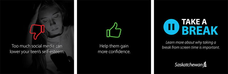 Red thumbs down symbol. Green connection symbol. Pause symbol saying TAKE A BREAK.