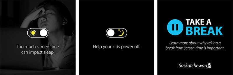 White and yellow switch symbol with a sun on the left side. White and yellow switch symbol with a moon and stars on the right side. Pause symbol saying TAKE A BREAK.