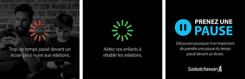 Symbole de connection rouge, symbole de connection vert, et symbole de pause bleu.