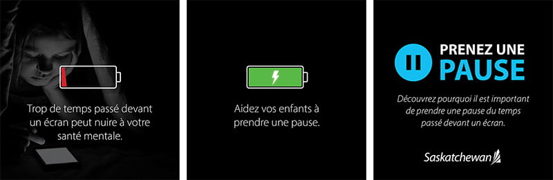 Une pile vide en rouge, une pile remplie en vert et une symbole de pause bleu.