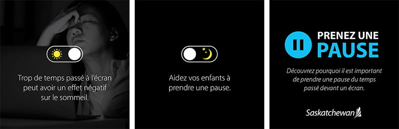 Symbole d’interrupteur blanc et jaune avec un soleil sur le côté gauche, Symbole d’interrupteur blanc et jaune avec une lune sur le côté droite, et une symbole de pause bleue