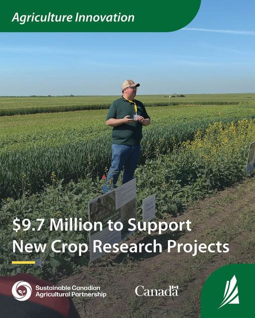 A Government of Saskatchewan extension specialist stands in a crop research field holding a microphone, surrounded by rows of green plants and informational signs. The image includes text that reads: “Agriculture Innovation” at the top and “$9.7 Million to Support New Crop Research Projects” at the bottom.