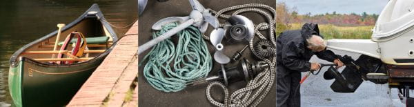 Collage photo of canoe, props, anchor, cleaning boat motor