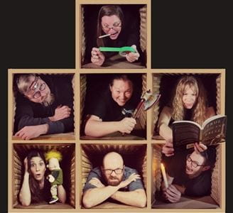 Collage of eight adults playfully posing in separate box compartments, each with different props and expressions.