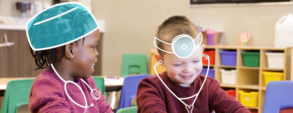 The image shows two children playing together. There are illustrations over them depicting the children to be future doctors. 