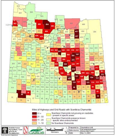 Map of highways and grid roads with scentless chamomile