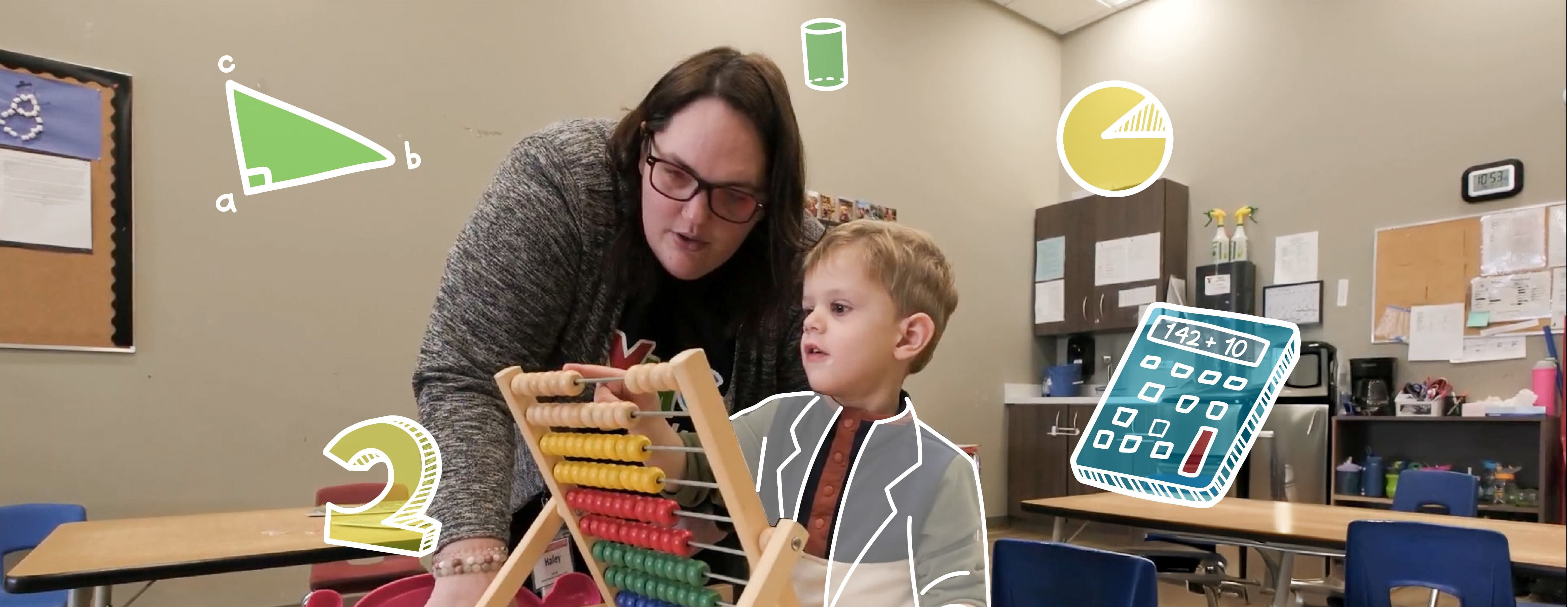 An early childhood educator and child are using an abacus. The image has illustrations around the two people of a triangle, a calculator, numbers and a pie chart.