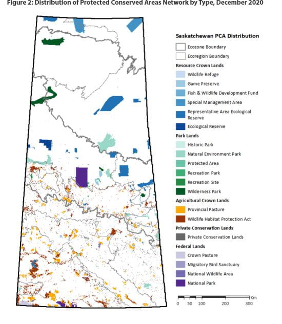 Saskatchewan map showing the Saskatchewan Protected and Conserved Areas Network