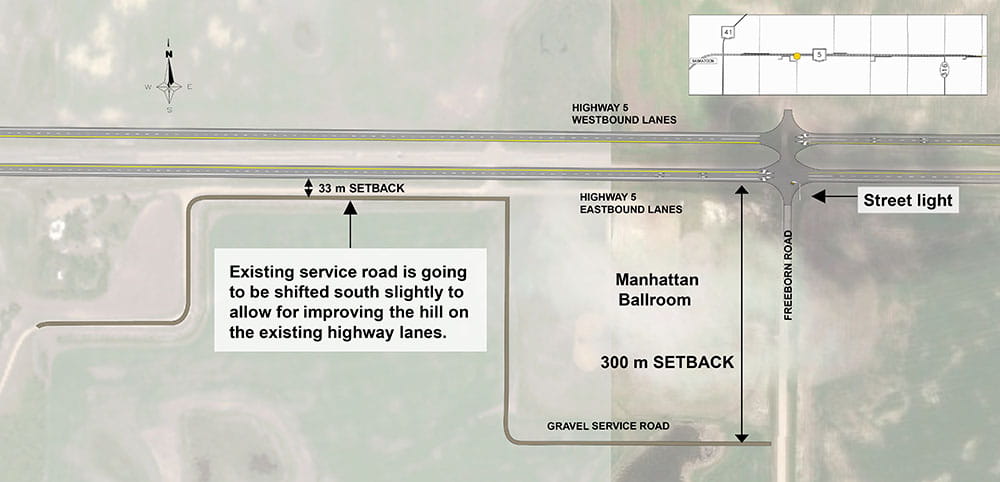 The design for the intersection of Highway 5 and Freeborn Road includes the addition of a streetlight on the south intersection approach.