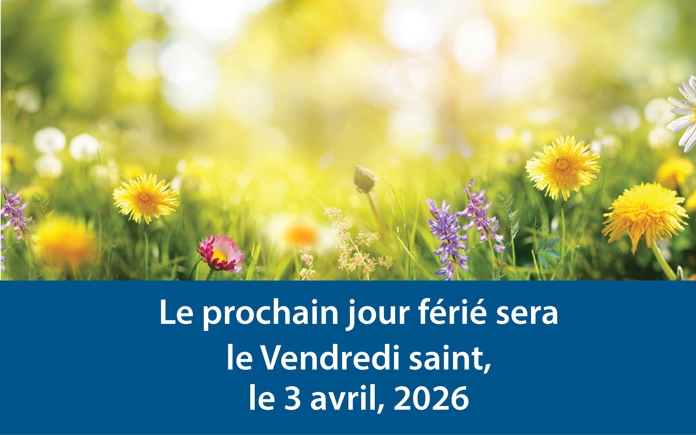 images des fleurs de printemps avec texte : Le prochain jour férié sera le Vendredi saint, le 3 avril 2026