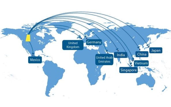 World map with Saskatchewan in yellow and all 9 international offices identified