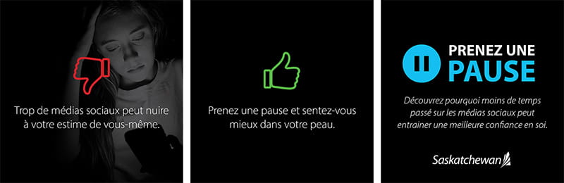 Une symbole de pouce rouge négative, une symbole de pouce verte positive, et une symbole de pause bleu.