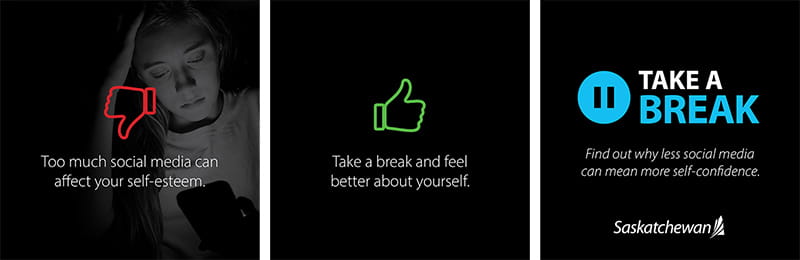 Red thumbs down symbol. Green connection symbol. Pause symbol saying TAKE A BREAK.