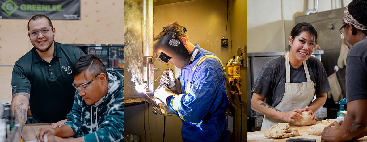 Man working in Carpentry, Welder at work, Woman working in bakery