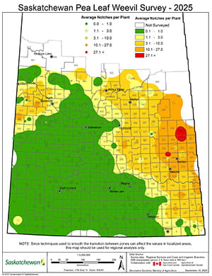 A map of the survey result of Saskatchewan pea leaf weevil showing distribution across the province. 