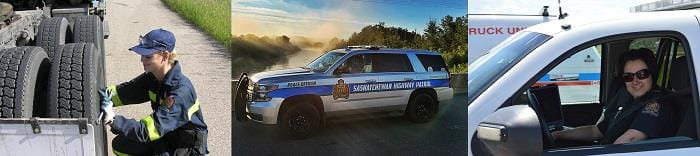 Person checking tire pressure, Sask Highway Patrol cruiser, woman sitting in a Sask Highway Patrol