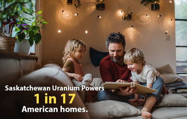 Saskatchewan uranium powers 1 in 17 American homes. A parent and two children are reading a book at home.