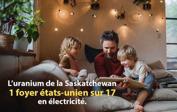 Un père avec ses deux jeunes enfants lit un livre dans leur salon. L’uranium de la Saskatchewan alimente 1 foyer états-unien sur 17 en électricité.