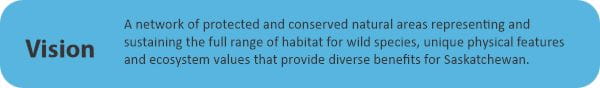 Vision: A network of protected and conserved natural areas representing and sustaining the full range of habitat for wild species, unique physical features and ecosystem values that provide diverse beneﬁts for Saskatchewan.