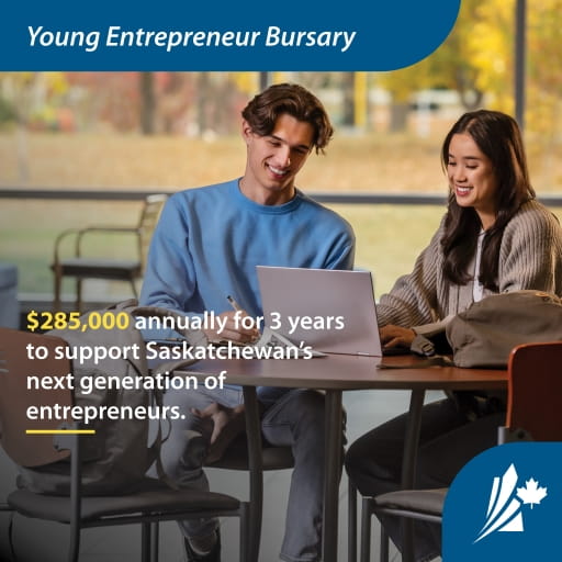 Infographic showing a man and a woman sitting next to each other, looking at a laptop, with the text ""$285,000 annually for 3 years to support Saskatchewan's next generation of entrepreneurs."