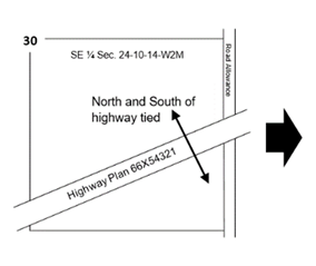Illustration indicating the borders on a rural land parcel that need to be measured for a subdivision application. 