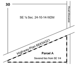 Illustration indicating the borders on a rural land parcel that need to be measured for a subdivision application.