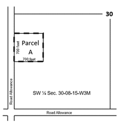 Illustration indicating the borders on a rural land parcel that need to be measured for a subdivision application.