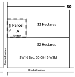 Illustration indicating the borders on a rural land parcel that need to be measured for a subdivision application. 