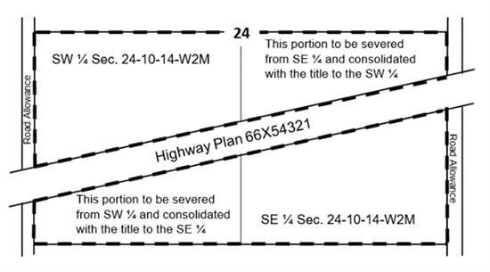 Illustration indicating the borders on a rural land parcel that need to be measured for a subdivision application.