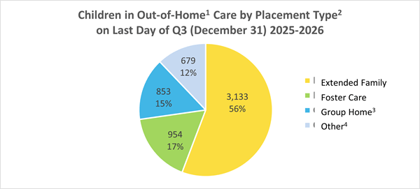 Pie chart showing number of children in care by placement type as of September 30, 2025.